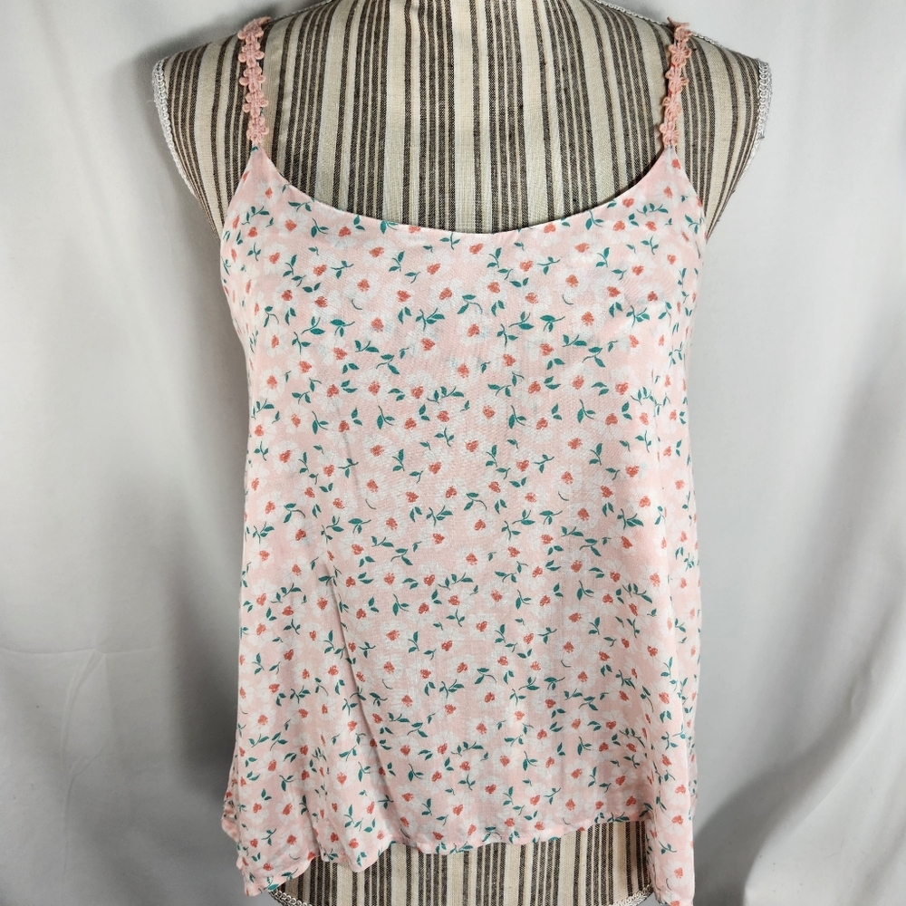 Mine Pink Floral Print Flower Lace Spaghetti Strap & Strappy Back Top Sz Medium